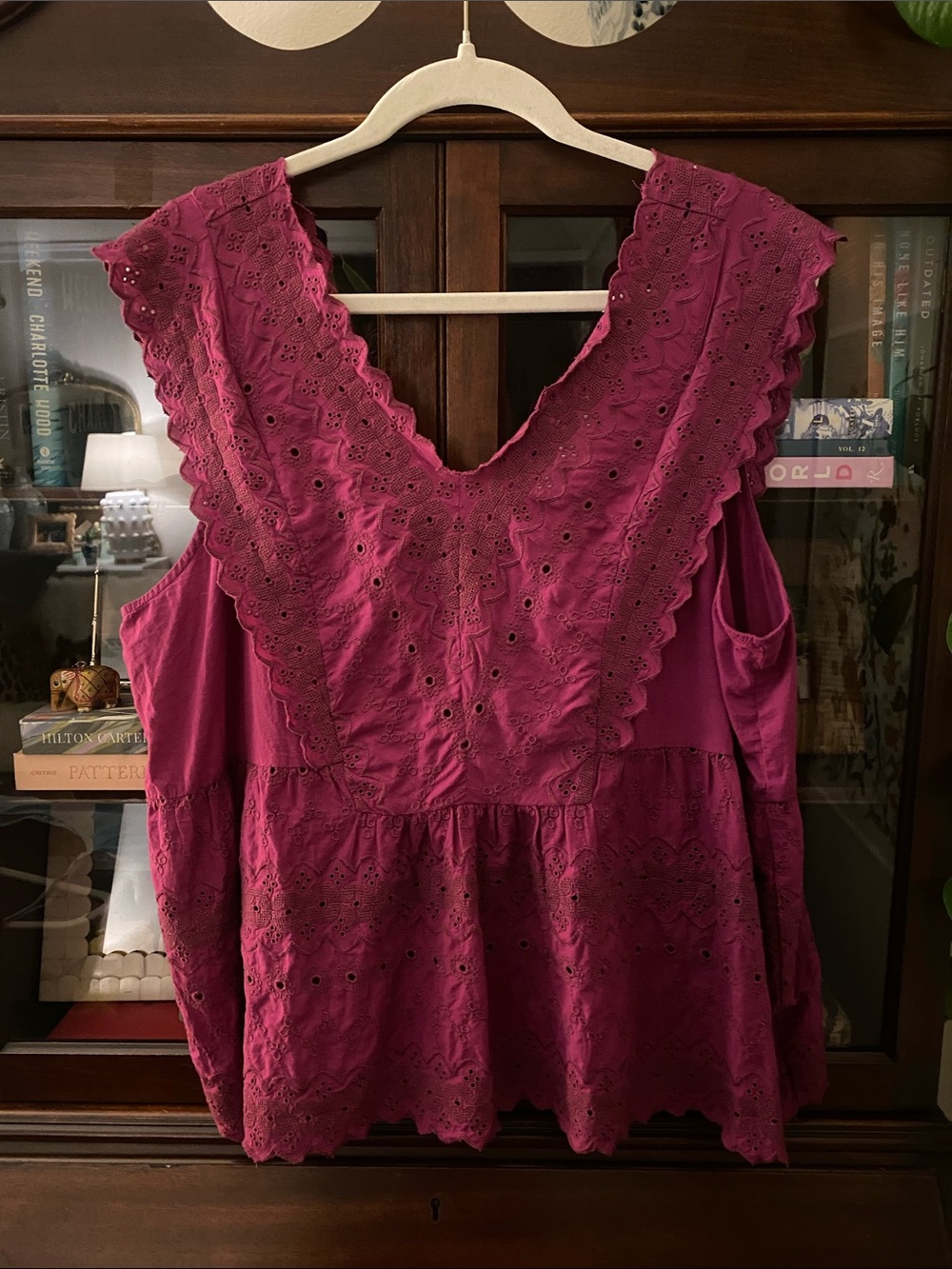 LOFT Eyelet V-Neck Sleeveless Top in Berry